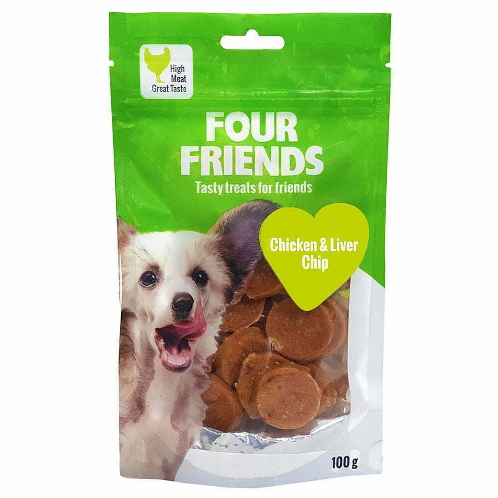 four-friends-godis-kyckling-lever-100g Four Friends Chicken & Liver Chip gardums suņiem ar vistas gaļu un aknām, 100 g - Image 1