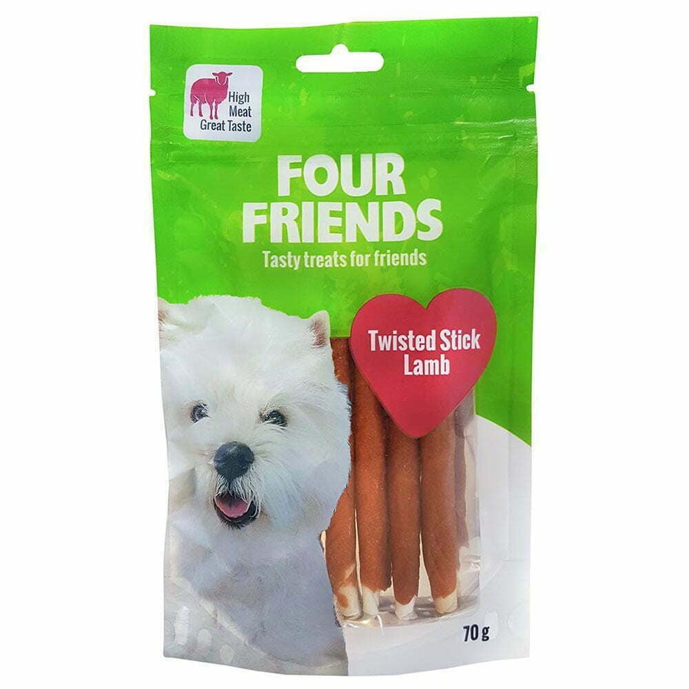 four-friends-tugg-lamm-70g Four Friends Dog Treats Twisted Stick Lamb košļājamais gardums suņiem ar jēra un liellopu ādu, 12,5 cm, 70 g - Image 1