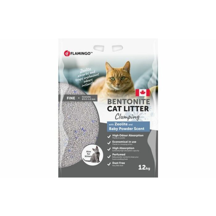 Flamingo CAT LITTER BENTONITE WITH BABY POWDER & ZEOLITE FINE GRAINS CLUMPING 12kg - Image 1
