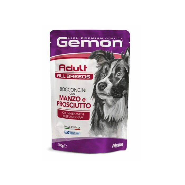 Gemon Dog pouches chunkies Adult Beef and Ham 100 g - konservi suņiem - Image 1