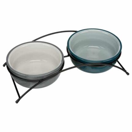 Trixie Paliknis ar bļodām Bowl set, ceramic/metal, 2×0.6 l/ø 15 cm/32×9×16 cm, petrol/light petrol/grey/light gr