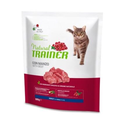 Natural Trainer Cat ADULT WITH Beef 300 gr - pilnvērtīga un sabalansēta barība pieaugušiem kaķiem no 1 gada vecuma, ar liellopu gaļu