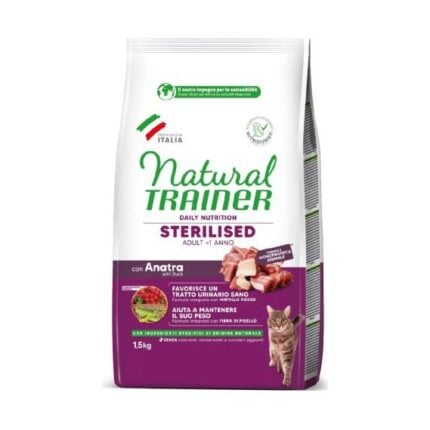 Natural Trainer Cat Adult Sterilised Duck pilnvērtīga un sabalansēta sausā barība sterilizētiem pieaugušiem kaķiem no 1 gada vecuma, 1,5 kg
